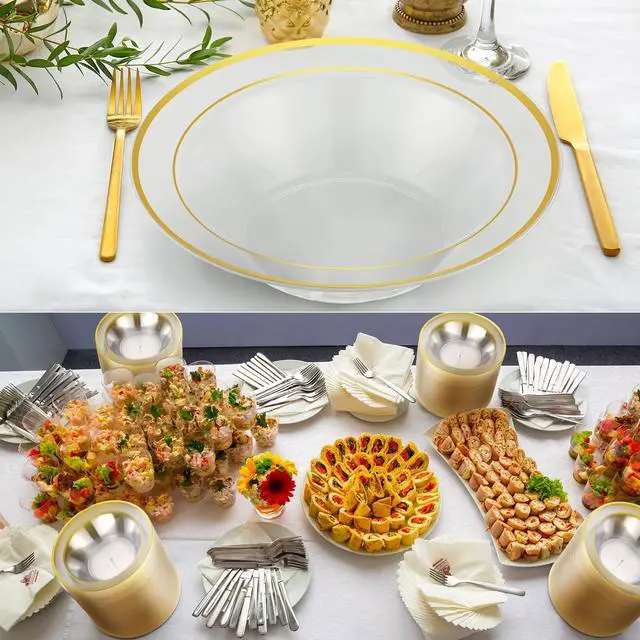 Alt view image 6 of 7 - 100 Pcs Plastic Bowls with Gold Rim 12 oz Disposable Soup Bowls Elegant Party Dessert Disposable Dinnerware Fancy Shatterproof Tableware for Serving Food, Wedding, Holidays(Clear,Line Style)