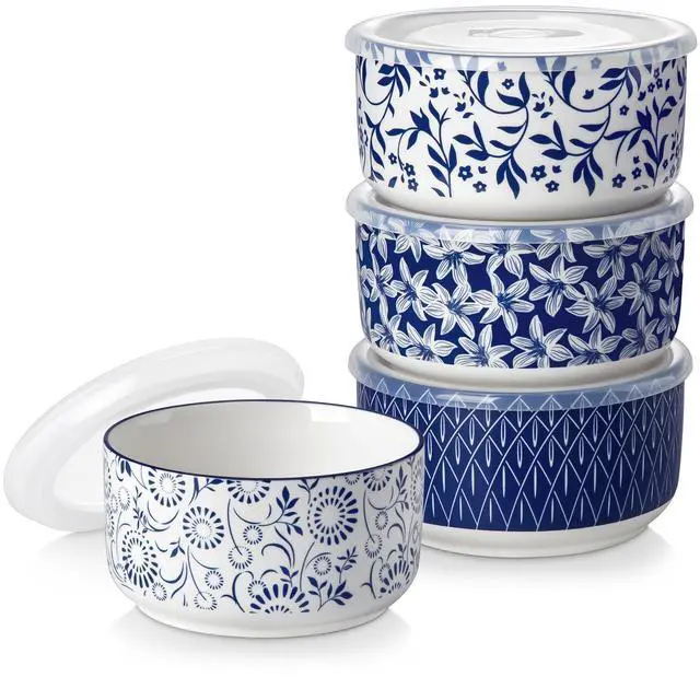 Main image of 36 Oz Ceramic Serving Bowls with Lids Set of 4, Porcelain Lunch Bowls with Lids for Food Storage, Prep Bowl for Kitchen, Microwave & Dishwasher Safe,Series SELENE