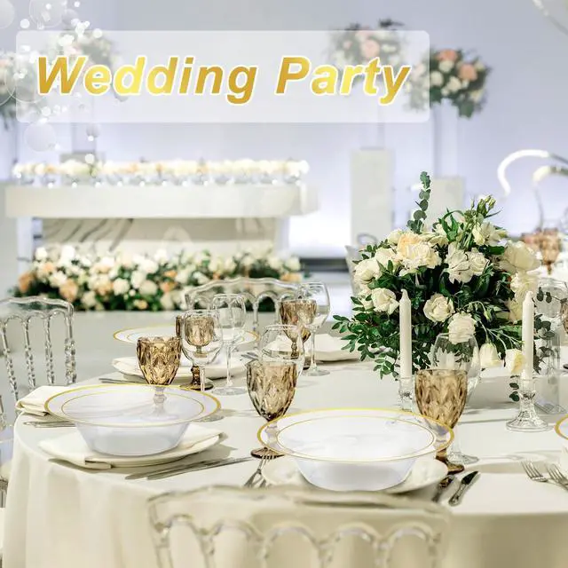 Alt view image 5 of 7 - 100 Pcs Plastic Bowls with Gold Rim 12 oz Disposable Soup Bowls Elegant Party Dessert Disposable Dinnerware Fancy Shatterproof Tableware for Serving Food, Wedding, Holidays(Clear,Line Style)