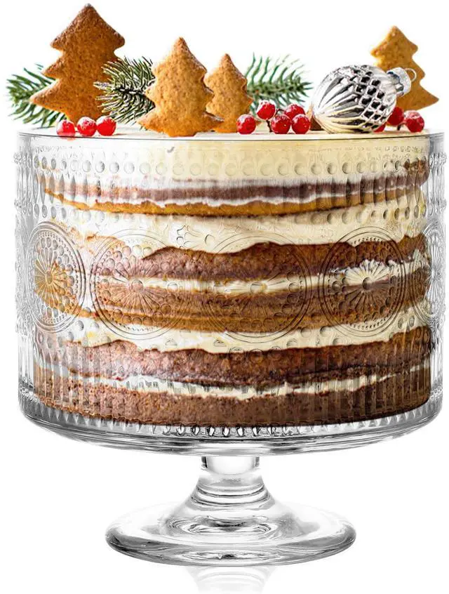 Main image of Glass Trifle Bowl with Pedestal, 3.43qt Footed Dessert Stand, Vintage Centerpiece Bowl for Layered Cakes, Fruits, Salad (Sunflower Pattern)