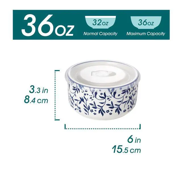 Alt view image 2 of 7 - 36 Oz Ceramic Serving Bowls with Lids Set of 4, Porcelain Lunch Bowls with Lids for Food Storage, Prep Bowl for Kitchen, Microwave & Dishwasher Safe,Series SELENE