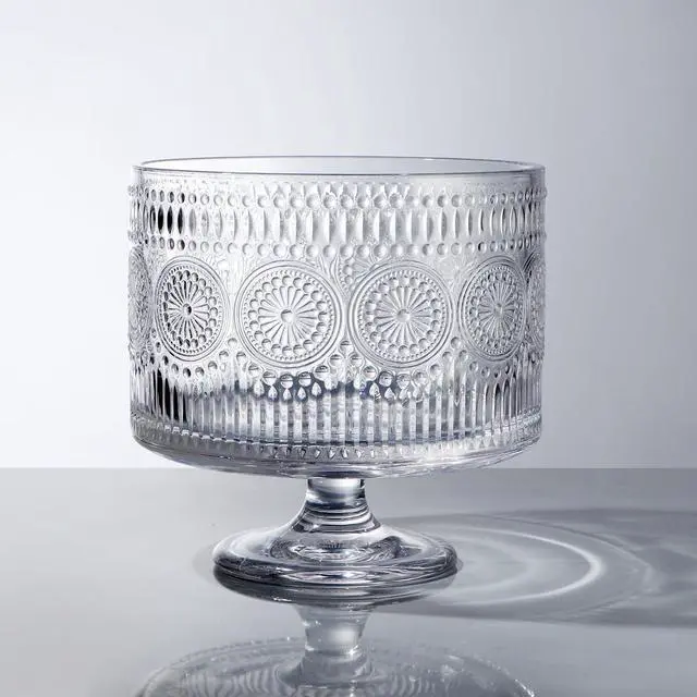 Alt view image 2 of 7 - Glass Trifle Bowl with Pedestal, 3.43qt Footed Dessert Stand, Vintage Centerpiece Bowl for Layered Cakes, Fruits, Salad (Sunflower Pattern)