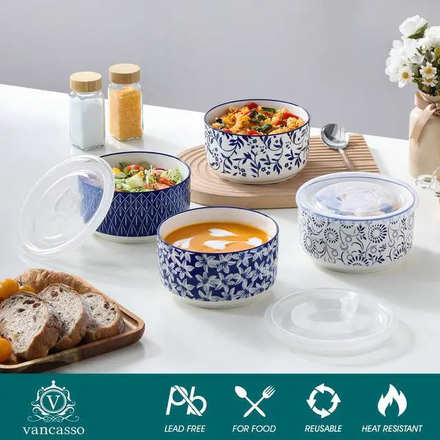 Alt view image 3 of 7 - 36 Oz Ceramic Serving Bowls with Lids Set of 4, Porcelain Lunch Bowls with Lids for Food Storage, Prep Bowl for Kitchen, Microwave & Dishwasher Safe,Series SELENE