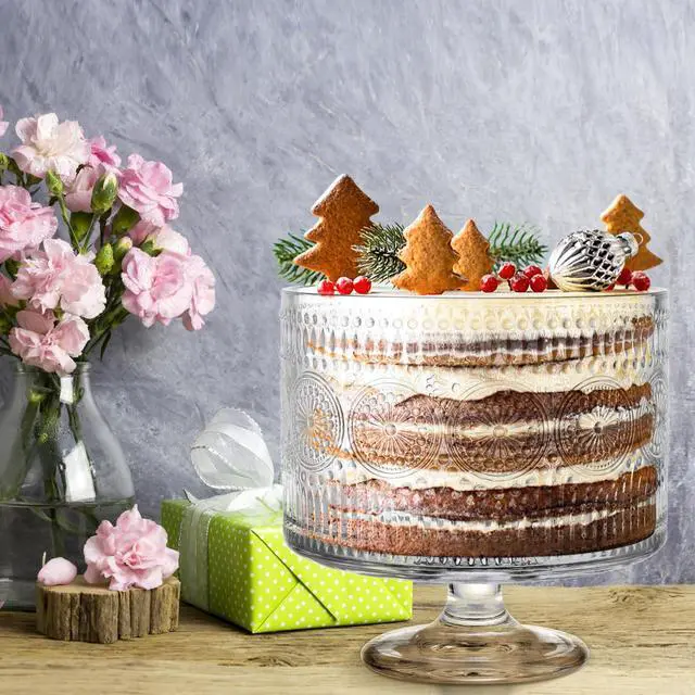 Alt view image 5 of 7 - Glass Trifle Bowl with Pedestal, 3.43qt Footed Dessert Stand, Vintage Centerpiece Bowl for Layered Cakes, Fruits, Salad (Sunflower Pattern)