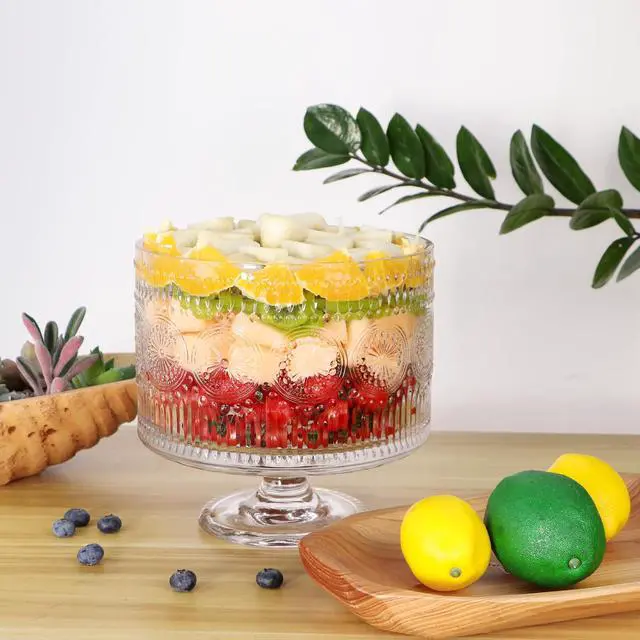 Alt view image 7 of 7 - Glass Trifle Bowl with Pedestal, 3.43qt Footed Dessert Stand, Vintage Centerpiece Bowl for Layered Cakes, Fruits, Salad (Sunflower Pattern)