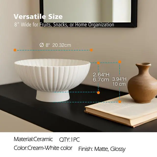 Alt view image 4 of 7 - White Ceramic Ruffle Decorative Bowl - Small Ruffle Decorativ 8 Inch Fruit Pedestal Bowl for Kitchen Counter, Modern Centerpiece Bowl for Dining Coffee Table & Home Decor,Key Bowl for Entryway Table