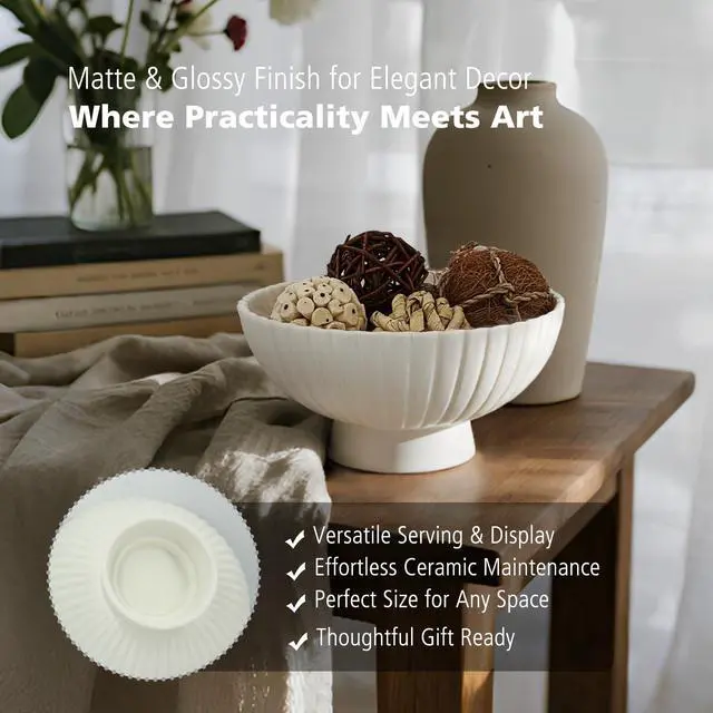 Alt view image 3 of 7 - White Ceramic Ruffle Decorative Bowl - Small Ruffle Decorativ 8 Inch Fruit Pedestal Bowl for Kitchen Counter, Modern Centerpiece Bowl for Dining Coffee Table & Home Decor,Key Bowl for Entryway Table