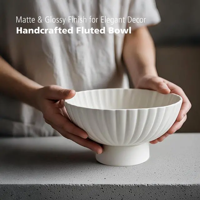 Alt view image 6 of 7 - White Ceramic Ruffle Decorative Bowl - Small Ruffle Decorativ 8 Inch Fruit Pedestal Bowl for Kitchen Counter, Modern Centerpiece Bowl for Dining Coffee Table & Home Decor,Key Bowl for Entryway Table