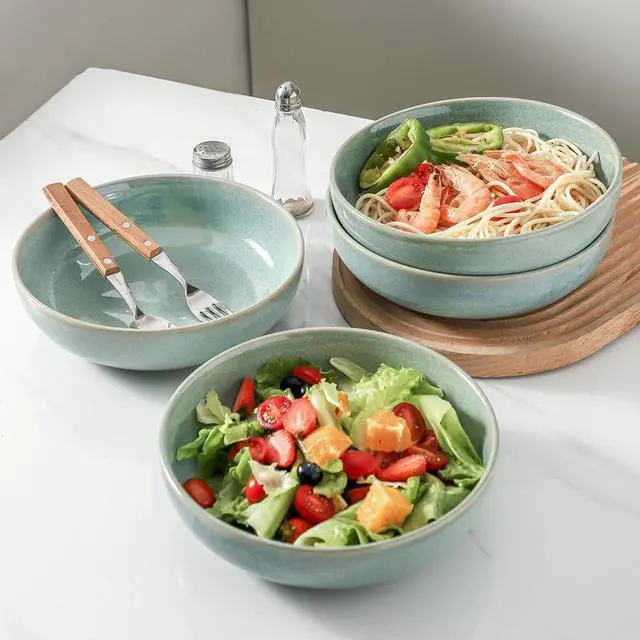 Alt view image 3 of 6 - 8.5 inch Large Pasta Bowls Set of 4, 46oz Big Salad Bowl Set of 4, Shallow Bowls, Dinner Bowls Set, Ceramic Bowls Set Microwave and Dishwasher Safe, Smooth glaze (Turquoise)