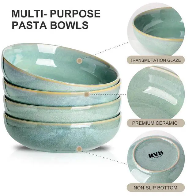 Alt view image 6 of 6 - 8.5 inch Large Pasta Bowls Set of 4, 46oz Big Salad Bowl Set of 4, Shallow Bowls, Dinner Bowls Set, Ceramic Bowls Set Microwave and Dishwasher Safe, Smooth glaze (Turquoise)