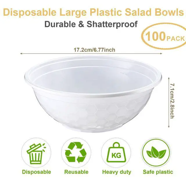 Alt view image 2 of 7 - 100 Pack 32oz White Disposable Plastic Bowls Large Plastic Salad Bowls Stackable Serving Soup Dinnerware for Birthdays, Weddings, Parties, Festivals, Party