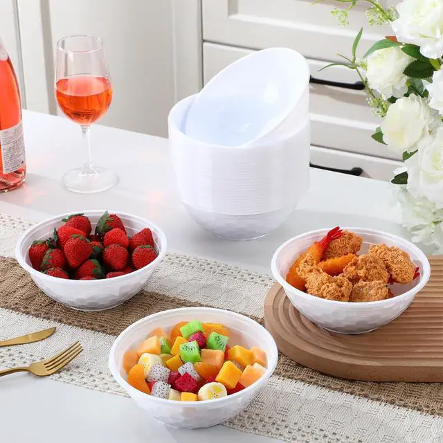 Alt view image 3 of 7 - 100 Pack 32oz White Disposable Plastic Bowls Large Plastic Salad Bowls Stackable Serving Soup Dinnerware for Birthdays, Weddings, Parties, Festivals, Party