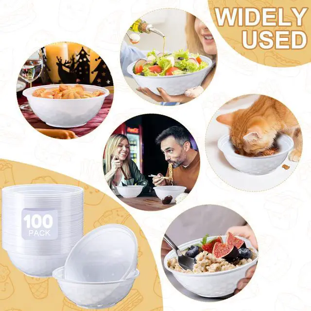Alt view image 4 of 7 - 100 Pack 32oz White Disposable Plastic Bowls Large Plastic Salad Bowls Stackable Serving Soup Dinnerware for Birthdays, Weddings, Parties, Festivals, Party