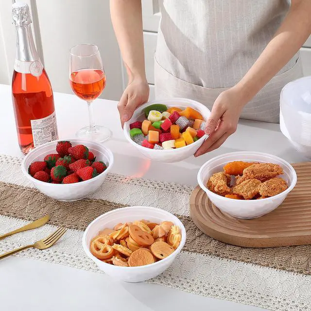 Alt view image 5 of 7 - 100 Pack 32oz White Disposable Plastic Bowls Large Plastic Salad Bowls Stackable Serving Soup Dinnerware for Birthdays, Weddings, Parties, Festivals, Party