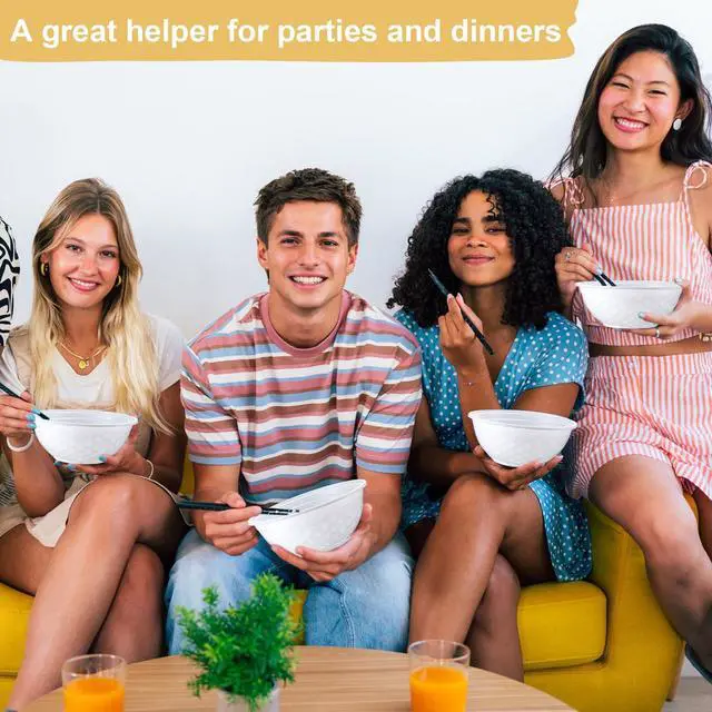Alt view image 6 of 7 - 100 Pack 32oz White Disposable Plastic Bowls Large Plastic Salad Bowls Stackable Serving Soup Dinnerware for Birthdays, Weddings, Parties, Festivals, Party