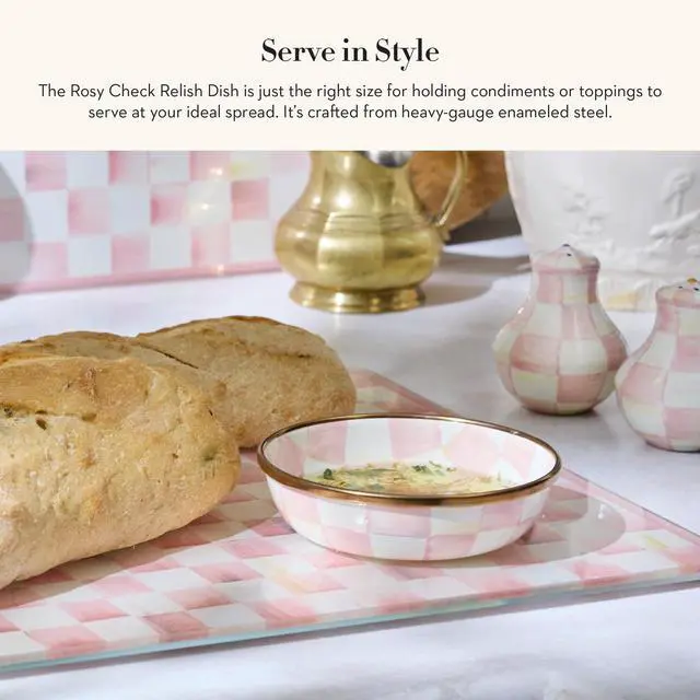 Alt view image 2 of 6 - Enamel Dipping Bowl, Small Serving Bowl for Entertaining, Pink-and-White Rosy Check