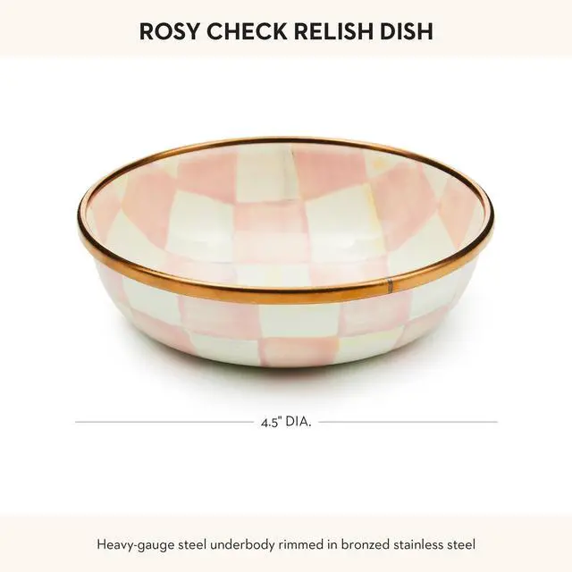 Alt view image 4 of 6 - Enamel Dipping Bowl, Small Serving Bowl for Entertaining, Pink-and-White Rosy Check