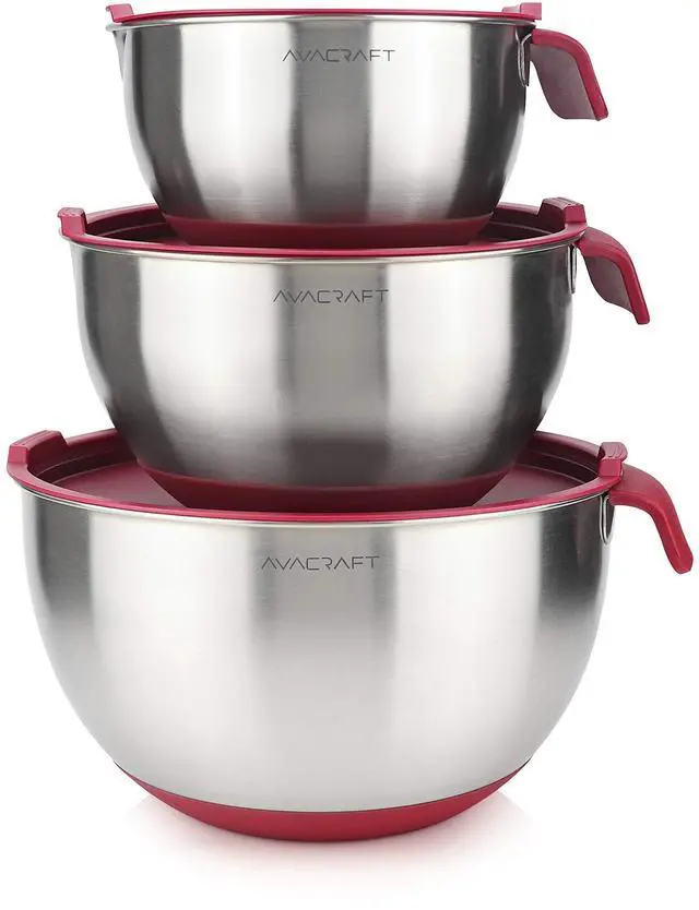 Main image of 18/10 Stainless Steel Mixing Bowls with Lids, non slip silicone base bowls with Handle, Mixing Bowl Set with Pour Spouts & Measurement Marks, Home Essentials Cooking Bowls, (Red)