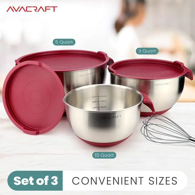 Alt view image 2 of 7 - 18/10 Stainless Steel Mixing Bowls with Lids, non slip silicone base bowls with Handle, Mixing Bowl Set with Pour Spouts & Measurement Marks, Home Essentials Cooking Bowls, (Red)
