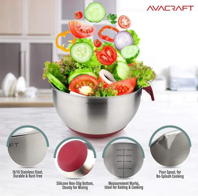 Alt view image 4 of 7 - 18/10 Stainless Steel Mixing Bowls with Lids, non slip silicone base bowls with Handle, Mixing Bowl Set with Pour Spouts & Measurement Marks, Home Essentials Cooking Bowls, (Red)