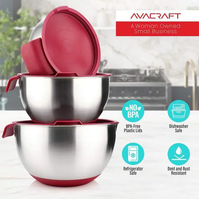 Alt view image 6 of 7 - 18/10 Stainless Steel Mixing Bowls with Lids, non slip silicone base bowls with Handle, Mixing Bowl Set with Pour Spouts & Measurement Marks, Home Essentials Cooking Bowls, (Red)