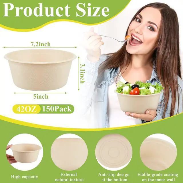 Alt view image 2 of 7 - 40 oz 150 Pack Large Disposable Salad Bowls Deep Heavy Duty Paper Bowls Sugarcane Fiber Compostable Biodegradable Microwave Safe for Hot Cold Soup Ramen Popcorn Pasta (Natural Color)