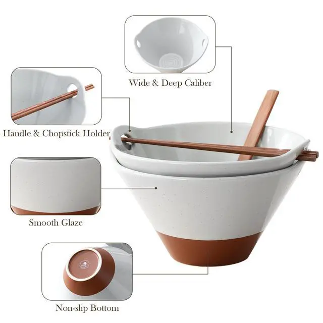 Alt view image 4 of 7 - 42 oz Ceramic Ramen Bowl Set with Wooden Spoon & Chopsticks, Japanese Style Soup Bowls for Ramen, Pho, Noodles Set of 2, Microwave & Dishwasher Safe, Series TARA (Gray and Khaki)