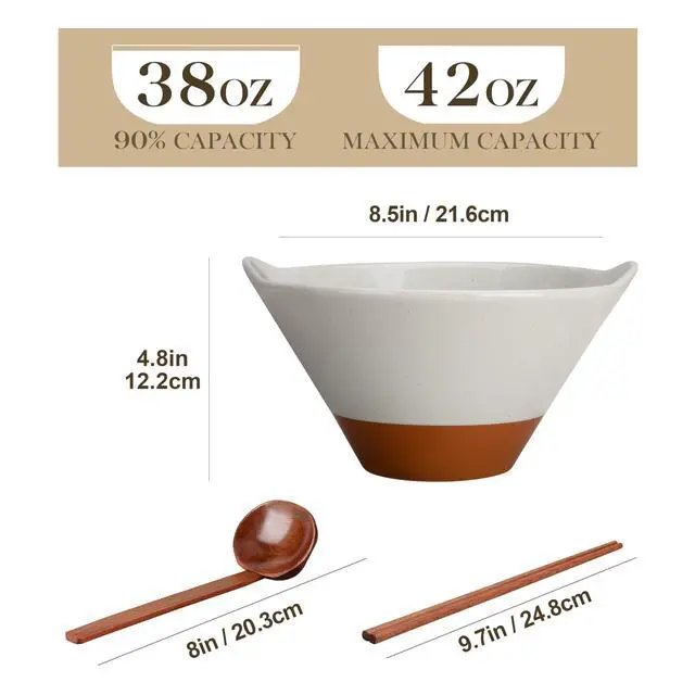 Alt view image 2 of 7 - 42 oz Ceramic Ramen Bowl Set with Wooden Spoon & Chopsticks, Japanese Style Soup Bowls for Ramen, Pho, Noodles Set of 2, Microwave & Dishwasher Safe, Series TARA (Gray and Khaki)