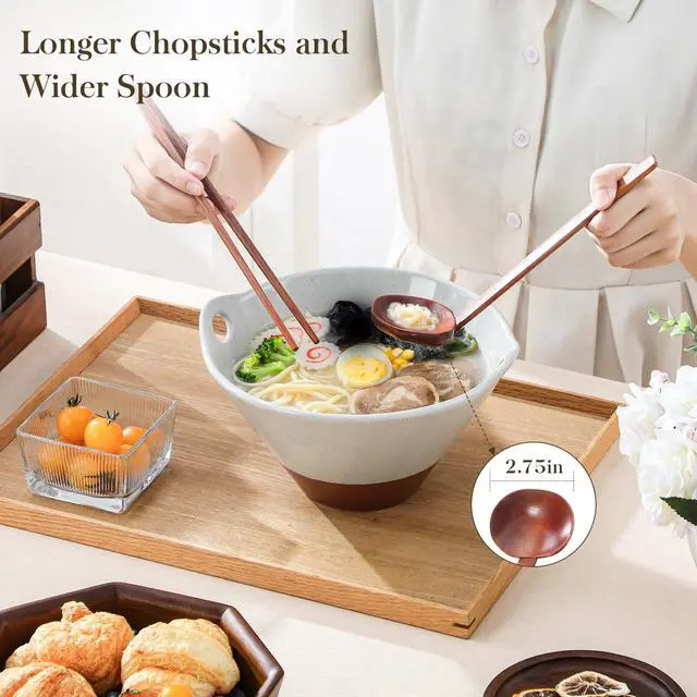 Alt view image 3 of 7 - 42 oz Ceramic Ramen Bowl Set with Wooden Spoon & Chopsticks, Japanese Style Soup Bowls for Ramen, Pho, Noodles Set of 2, Microwave & Dishwasher Safe, Series TARA (Gray and Khaki)