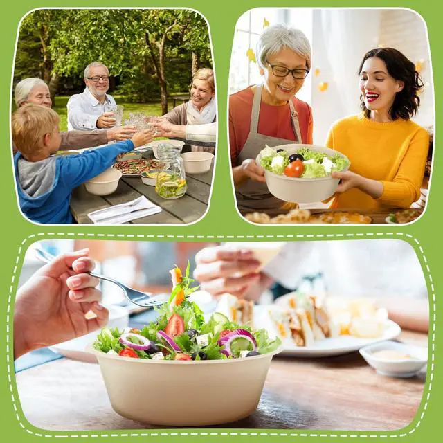 Alt view image 5 of 7 - 40 oz 150 Pack Large Disposable Salad Bowls Deep Heavy Duty Paper Bowls Sugarcane Fiber Compostable Biodegradable Microwave Safe for Hot Cold Soup Ramen Popcorn Pasta (Natural Color)