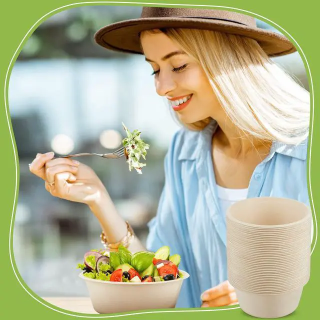 Alt view image 6 of 7 - 40 oz 150 Pack Large Disposable Salad Bowls Deep Heavy Duty Paper Bowls Sugarcane Fiber Compostable Biodegradable Microwave Safe for Hot Cold Soup Ramen Popcorn Pasta (Natural Color)