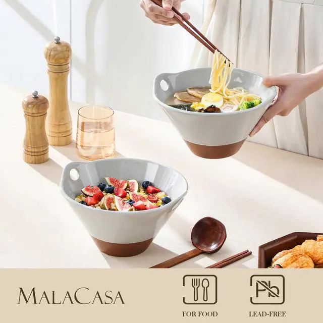 Alt view image 6 of 7 - 42 oz Ceramic Ramen Bowl Set with Wooden Spoon & Chopsticks, Japanese Style Soup Bowls for Ramen, Pho, Noodles Set of 2, Microwave & Dishwasher Safe, Series TARA (Gray and Khaki)