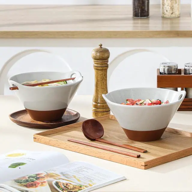 Alt view image 7 of 7 - 42 oz Ceramic Ramen Bowl Set with Wooden Spoon & Chopsticks, Japanese Style Soup Bowls for Ramen, Pho, Noodles Set of 2, Microwave & Dishwasher Safe, Series TARA (Gray and Khaki)