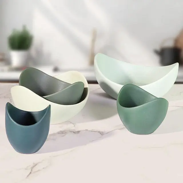 Alt view image 5 of 7 - Salad Decorative Bowls Lotus Shaped Pasta Bowls Dishwasher Safe, Unique Angled Ceramic Bowls for Salad, Pasta, Soup, Rice, Prep, Ideal for Restaurant (Green)
