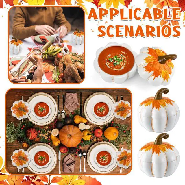 Alt view image 4 of 6 - 4 Set Thanksgiving Ceramic Bowl 20 oz Pumpkin Soup Bowls with Lids Thanksgiving Dining Table Decor Pumpkin Cranberry Sauce Storage Jar for Home Kitchen Holiday Tableware