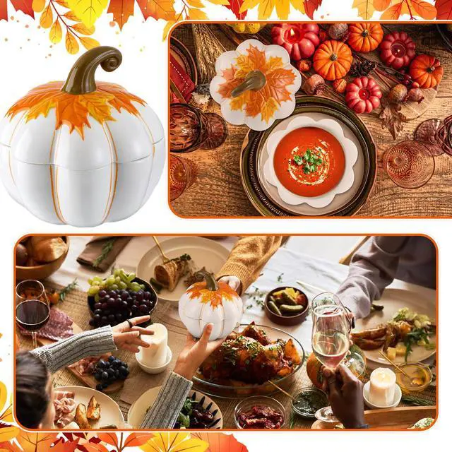 Alt view image 6 of 6 - 4 Set Thanksgiving Ceramic Bowl 20 oz Pumpkin Soup Bowls with Lids Thanksgiving Dining Table Decor Pumpkin Cranberry Sauce Storage Jar for Home Kitchen Holiday Tableware