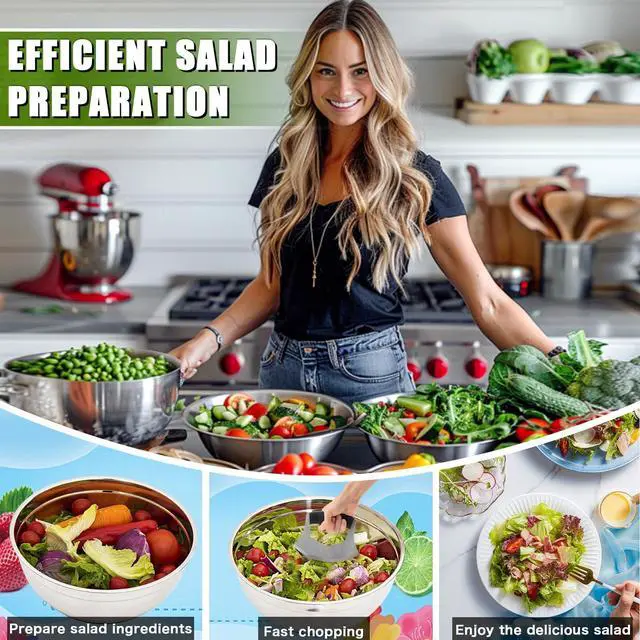 Alt view image 3 of 7 - Salad Chopper Bowl - Stainless Steel Salad Chopping Bowl, Sala d Chopper Bowl and Cutter with Lid, Chef Grade Salad- Chopper Blade and Bowl, Mezzaluna Mincing Knife, Super-fast Sala d Prep