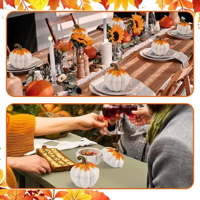 Alt view image 5 of 6 - 4 Set Thanksgiving Ceramic Bowl 20 oz Pumpkin Soup Bowls with Lids Thanksgiving Dining Table Decor Pumpkin Cranberry Sauce Storage Jar for Home Kitchen Holiday Tableware