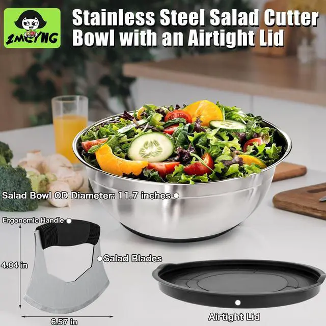 Alt view image 5 of 7 - Salad Chopper Bowl - Stainless Steel Salad Chopping Bowl, Sala d Chopper Bowl and Cutter with Lid, Chef Grade Salad- Chopper Blade and Bowl, Mezzaluna Mincing Knife, Super-fast Sala d Prep