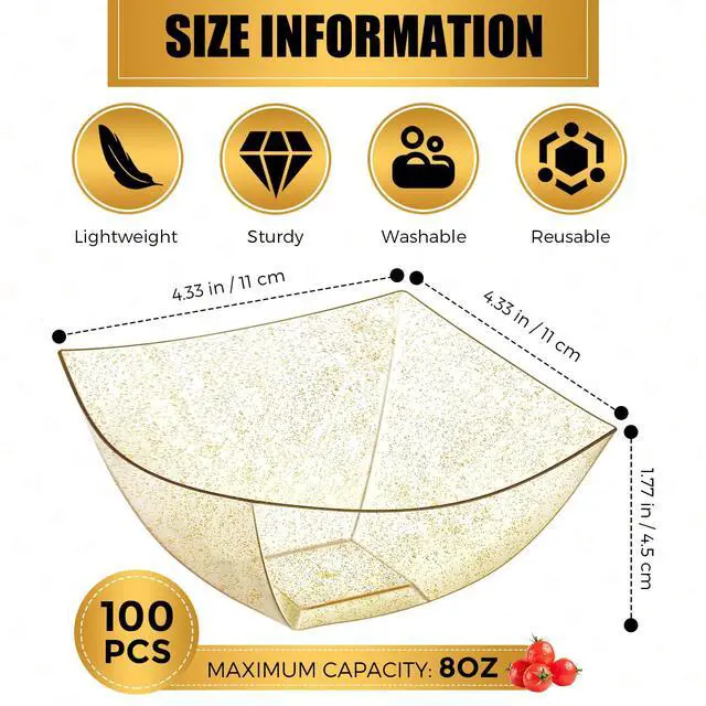 Alt view image 2 of 7 - 100 Pcs Square Plastic Bowls 8 oz Plastic Serving Bowls Disposable Chip Bowls for Parties Snack Fruit Candy Containers for Candy Buffet Salad Bar Buffet Containers Party Supplies (Gold Glitter)