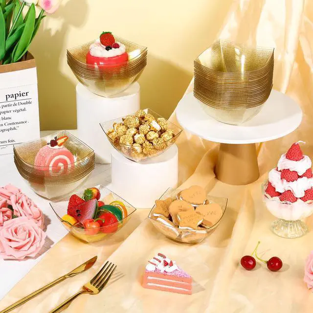 Alt view image 7 of 7 - 100 Pcs Square Plastic Bowls 8 oz Plastic Serving Bowls Disposable Chip Bowls for Parties Snack Fruit Candy Containers for Candy Buffet Salad Bar Buffet Containers Party Supplies (Gold Glitter)