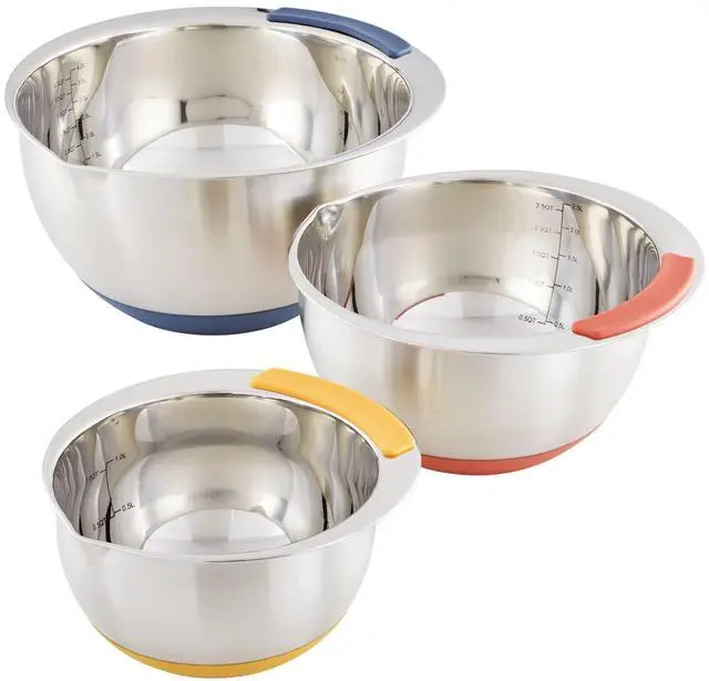 Main image of Curry Kitchenware Pantryware Stainless Steel Nesting Mixing Bowls, 3-Piece Set, Silver with Color Accent Handles