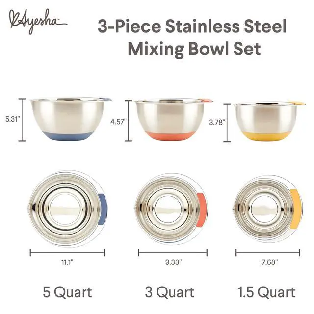 Alt view image 2 of 7 - Curry Kitchenware Pantryware Stainless Steel Nesting Mixing Bowls, 3-Piece Set, Silver with Color Accent Handles
