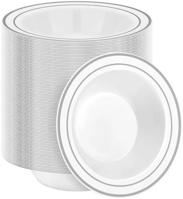Main image of 200 Pack Disposable Soup Bowls with Silver Rim, 12oz Premium Heavy Duty Plastic Dinner Bowls for Party, Wedding and Holiday