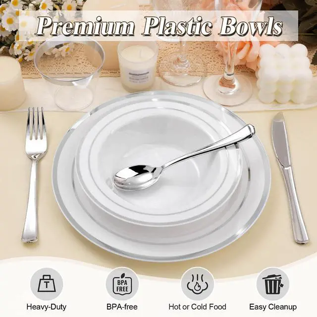 Alt view image 3 of 6 - 200 Pack Disposable Soup Bowls with Silver Rim, 12oz Premium Heavy Duty Plastic Dinner Bowls for Party, Wedding and Holiday