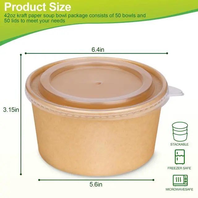 Alt view image 6 of 6 - 42oz Disposable Soup bowls, 50 Pack Paper Bowls With Lids, Large Salads Bowls, Heavy Duty Serving Bowls For Hot/Cold Food