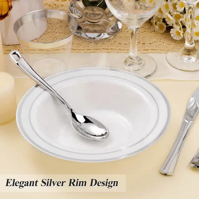 Alt view image 5 of 6 - 200 Pack Disposable Soup Bowls with Silver Rim, 12oz Premium Heavy Duty Plastic Dinner Bowls for Party, Wedding and Holiday