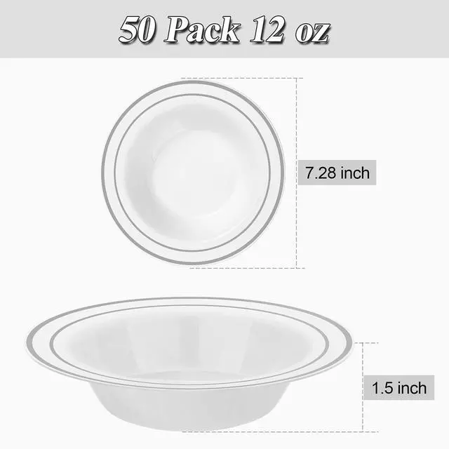 Alt view image 4 of 6 - 200 Pack Disposable Soup Bowls with Silver Rim, 12oz Premium Heavy Duty Plastic Dinner Bowls for Party, Wedding and Holiday