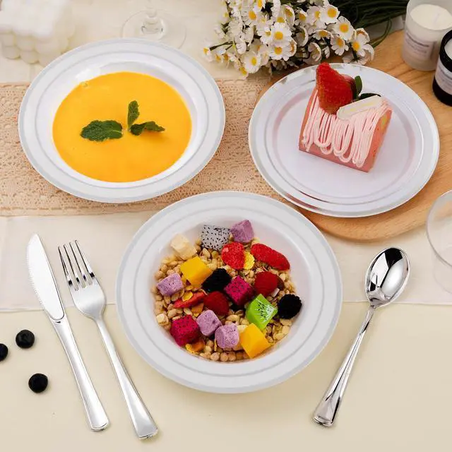Alt view image 2 of 6 - 200 Pack Disposable Soup Bowls with Silver Rim, 12oz Premium Heavy Duty Plastic Dinner Bowls for Party, Wedding and Holiday
