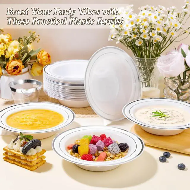 Alt view image 6 of 6 - 200 Pack Disposable Soup Bowls with Silver Rim, 12oz Premium Heavy Duty Plastic Dinner Bowls for Party, Wedding and Holiday